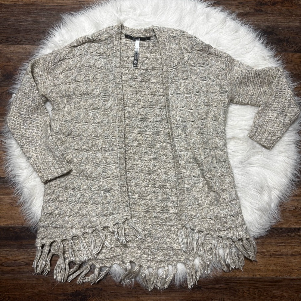 Kensie Cable Knit Tan Fringe Open Front Cardigan size Medium in Women’s